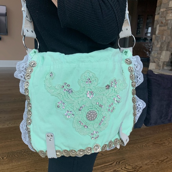 Seafoam Green Embellished Messenger Bag - Rare! - Picture 1 of 4